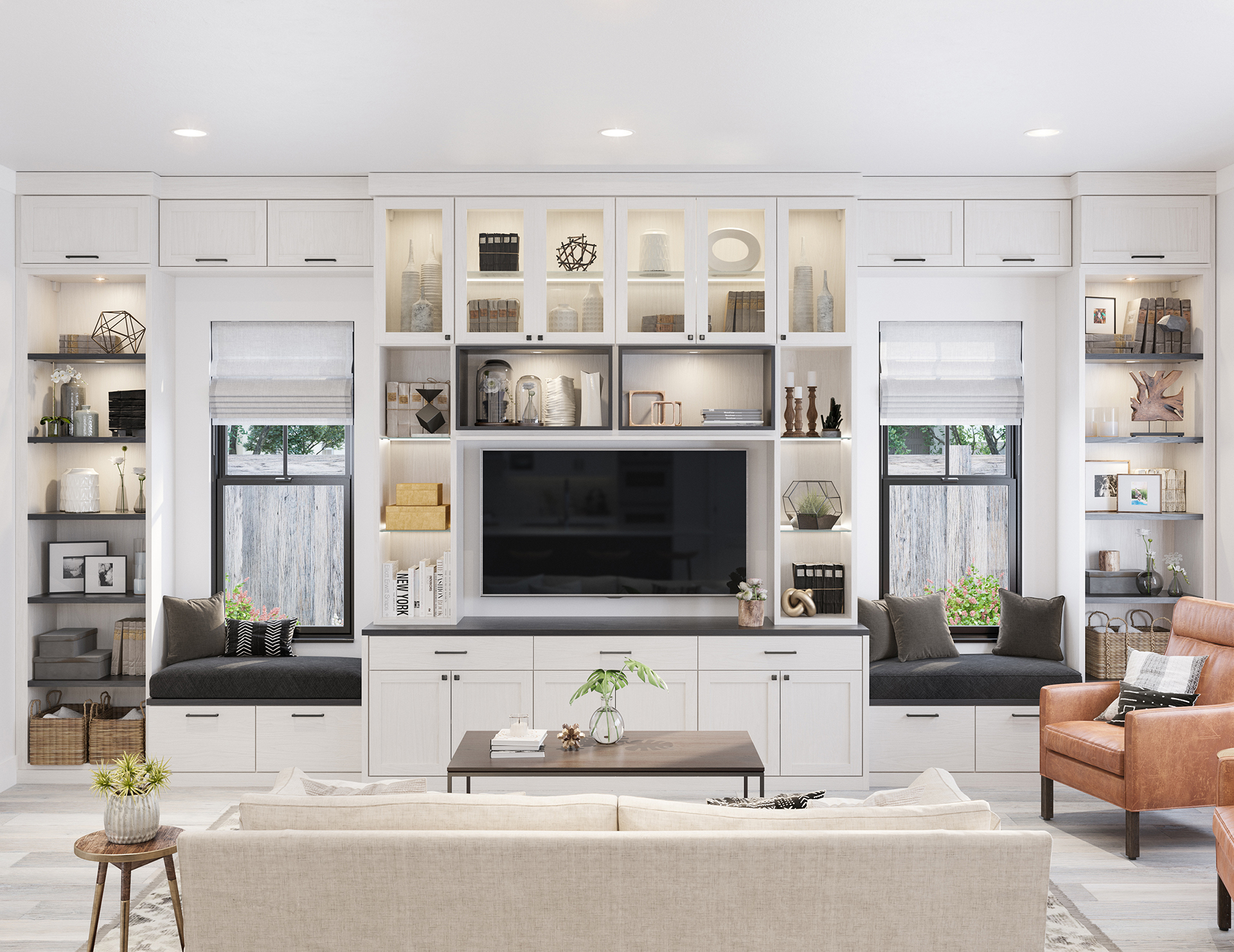 Renovated living room with built-in storage